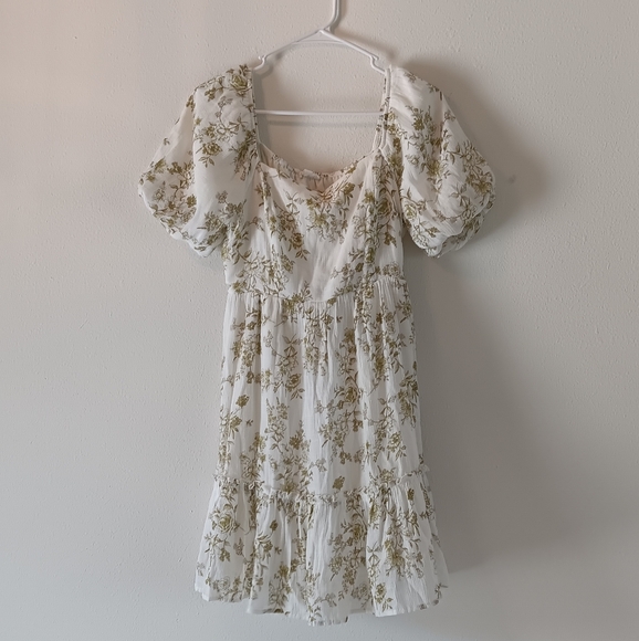 Blu Pepper Modest Square Neck Puff Sleeve White Green Toile Floral Mini Dress L - Picture 8 of 13